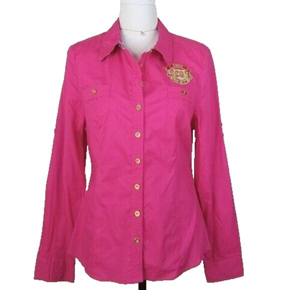 Women Y2K COOGI Gold Hot Pink Shirt Top M Logo Crest Embroidered 90s Baddie - Picture 1 of 13